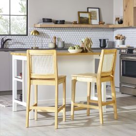 Transitional Solid Wood and Rattan Counter Stool, Set of 2, Natural