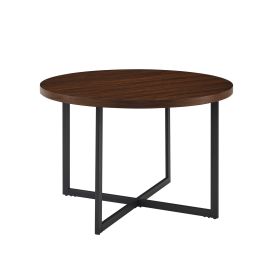 Mid-Century Modern Metal and Wood Round Dining Table â€“ Dark Walnut